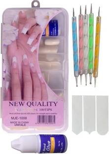 UniTale Daily Use Shining 100 Pcs Best French Artificial Fake Nails Nail art Nail Extension With 2 Pcs Glues 5 Pcs Two Way Marbleizing Dotting tool Pen and 1 Pcs Nail Tip Guide Sticker