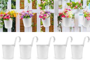 EzzuCrafts Set of 5 Rail Planter, Balcony Planters Railing Hanging Flower Pots with Detachable Hook, Iron Fence Bucket Outdoor Flower Pot for Patio Fence Deck Balcony Garden Color White Plant Container Set