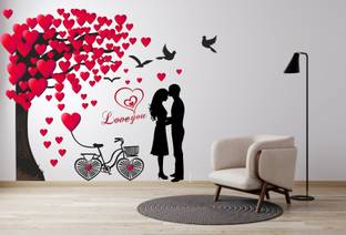 Saiii Designs 96 cm Romantic Couple Under The Heart Leaves Tree and Love Quote with Bicycle' Wall Sticker( 77 cm X 96 cm ) Self Adhesive Sticker