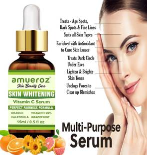 Amueroz Skin Whitening Vitamin C Serum for Pigmentation, Anti Blemishes, Anti Aging, Dark Circle, Sun Damage Corrector & Skin Brightening | Orange, Calendula for glowing skin - Women & Men