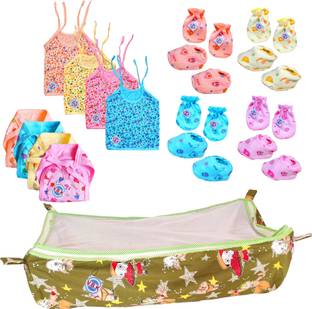 V.B.K Baby Boy and Baby Girl Cloth Set Combo Pack Of Jhabla (4 Piece), Nappy (Langot) (4 Piece), Hand Mittens (4 Pair), Leg Booties (4 Pair) and Baby Swing Cradle Cover With Mosquito Protector Net, Hosiery Soft Cloth Fabric, Total Pack Of 17 Items, 0 to 6 Months