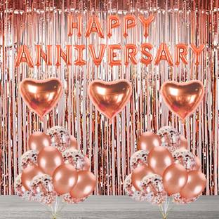 PARTY MIDLINKERZ Solid Happy Anniversary Balloons Decoration Kit 41 Pcs, 1 set of Rose Gold 13Pcs "Happy Anniversary" alphabet foil balloons an 10pcs HD Metallic Rose Gold Balloons and 10Pcs Confetti Balloon with 2 Pcs Rose Gold Backdrop and 1Pc Ribbon for Kids Girl Balloons Decorations Items, Anniversary, Bachelorate Combo with Helium Letters Foil Balloon Banner, Metallic Balloons (Multicolor, Pack of 41)