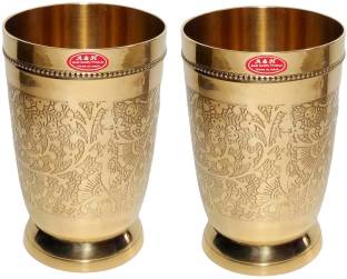 A&H (Pack of 2) Designer Floral Mughlai Etching Design Brass Water Glasses Set (250 ml Each) Set of 2 pcs Glass Set Water/Juice Glass