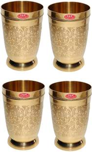 A&H (Pack of 4) Designer Floral Mughlai Etching Design Brass Water Glasses Set (250 ml Each) Set of 4 pcs Glass Set Water/Juice Glass