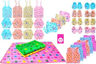 V.B.K Baby Boys and Baby Girls Clothing Set Combo With Jhabla (10 Pcs, Nappy (Cloth Diaper) (8 Pcs), Hand Mittens (Gloves) (4 Pair), Leg Booties Booties (Socks) (4 Pair), Cap (4 Pcs) and Baby Bed Waterproof Diaper Changing Sheets (3 Pcs) (Sheet Size : Length : 22 Inch, Width : 18 Inch, Hosiery and Cotton Soft Cloth Fabric, 0 to 4 Months