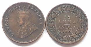 MANMAI COINS BRITISH INDIA - 1/12 Anna - George V 1924 - Bronze 1.65 g 17.4 mm Medieval Coin Collection
