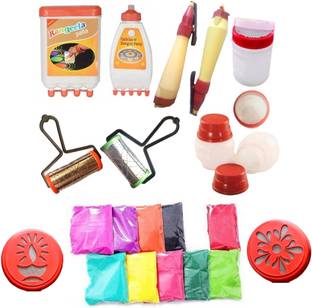 उपयुकात Rangoli making tools kit- 1 Rangeela patta, 1 Galicha patta, 2 Small and 2 Big Fillers, 2 Outline pens, 2 Rollers, 2 Stamp Filler with 10 pouches of rangoli colour powder रंगोली स्टैंसिल