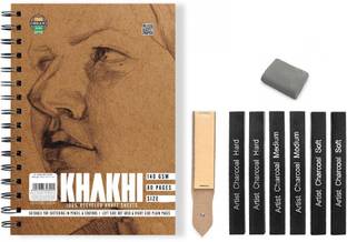 Definite Art Khakhi Sketch Pad A5 180 GSM 80 Pages with Compressed Charcoal Sticks (2 X Hard, 2 X Medium, 2 X Soft) with Sand Paper Folder & Kneadable Eraser
