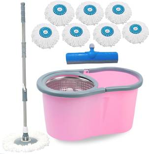 V-MOP Premium Pink Steel Classic Magic Spin Dry Bucket Mop - 360 Degree Self Spin Wringing With 7 Super Absorbers + FREE 1 Floor Wiper, Mop Set, Mop, Cleaning Wipe, Bucket, Dustbin, Mop Wet & Dry Mop