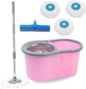 V-MOP Premium Pink Steel Magic Dry Bucket Mop - 360 Degree Self Spin Wringing With 3 S Mop Set
