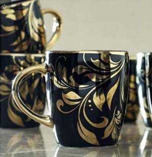 DULARIYA Best Quality Designer Tea and Coffee Cups Set of 2 Pieces 220 ml (Black & Gold) Bone China Coffee Mug