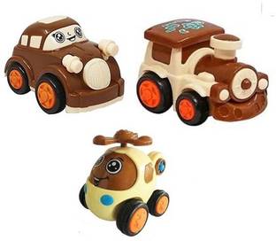 K A Enterprises Combo Set of 3 Friction Powered Push and Go Toys - Car, Helicopter and Mini-Train Engine Toys for Toddlers, Baby, Kids, Child, Girls Pack of 3 Toys (3 Piece)