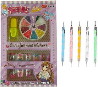 MOREL NAIL ART KIT WITH ARTIFICIAL NAILS STICKER WITH STEEL NAIL ART DOTTING MARBLEIZING TOOL PEN FOR BIRTHDAY GIFT FOR GIRLS LITTLE GIRLS, KIDS (MULTICOLOR)