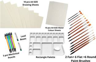 Upyukat Rectangle Painting Palette /Water Color Palette/Color Mixing Plate/Colouring Palette for Artist Kids – White (1 pc), Artist Brush set: Fan +Flat +Round paint brush for artists(Set of 14), 5 pcs of Mechanical pencils with 2 Lead boxes, A4 Size Ivory Sheet Super White Smooth Finish and Extra Thick - Sketching and Drawing Paper (10 sheets), A4 Size Watercolour Paper 220GSM Cold Pressed (10 sheets)