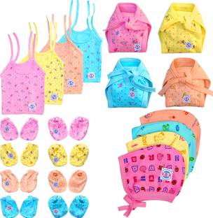 V.B.K Baby Boys and Baby Girls Cloth Set Combo Pack Of Jhabla (4 Piece), Nappy (Langot) (4 Piece), Hand Mittens (4 Pair), Leg Booties (4 Pair), Cap (4 Piece), Pure Hosiery Soft Cloth Fabric, 0 to 6 Months