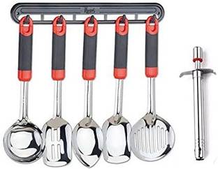 ज़िल्टोइन Stainless Steel Cooking Utensil Set Serving Spoons with Plastics Handle,with Stand Set of 5 and Easy Grip Stainless Steel Regular Gas Lighter for Kitchen Stove Cooking Spoon and Gas Lighter रसोई उपकरण सेट