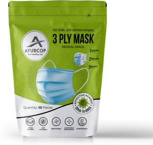 AYURCOP 3 PLY MASK Free Size Surgical Mask Pollution Face Mask with 3 Layer Filtration (Blue, Free Size, Pack of 50, 3 Ply) Surgical Mask With Melt Blown Fabric Layer