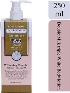SCENTIO Double Milk Triple White Organic Body Lotion 250 ML (Made In Thailand). Quick Absorbing and contains Glutathione, Arbutin & Vitamin B3 (Whitening Complex). Non Greasy and works like Serum.