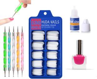 HUDA NAILS BEAUTY Nail Art Kit for Girls, 100Pcs Fake Nails with Artificial Nail Glue, 2 Way Usable Nail Dotting Pen and Long Lasting