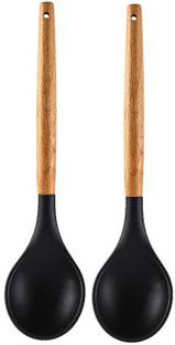 Flipkart SmartBuy Silicone Nonstick Mixing Spoons with Wooden Handle, Black Pack of 2 Kitchen Tool Set