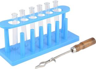 Spylock Small Test tubes 4x1/2" (6 pcs) with Plastic Test Tube Stand (Blue) and Borosilicate Glass with Rim and Wooden Handle Chromium Plated Test Tube Holder Combo of 8 Products Plastic Test Tube Rack