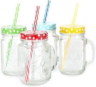 Meldique Mason Jar with Lid and Straw (Transparent, Random color, 500 ml) Glass Mason Jar