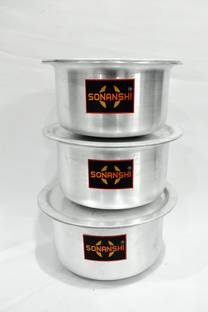 Sonanshi Aluminium Patila/Bhagona/Tapeli/Container Set (10,12 & 14 Litre) with LID Pot 33.98 cm, 36.01 cm, 38.01 cm diameter 10 L, 12 L, 14 L capacity with Lid