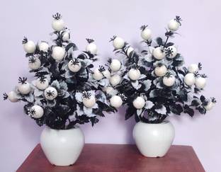BK Mart Set of 2 White Cherry Table Flower top for home shop office decoration gift White, Black Cherry Artificial Flower  with Pot