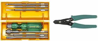 TAPARIA TP-840 Screw Driver Set with Neon Bulb (Silver and Green) & WS 06 Steel (150mm) Wire Stripping Plier Combination Screwdriver Set