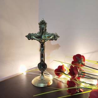 Amishi Blissful Amishi Blissful decors Brass Lord Jesus Christ on Cross Idol Crucifix Cross with Statue Christian Cross Christmas Decor Decorative Showpiece  -  17 cm
