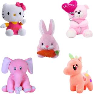 Eguds Adorable and lovable set of 5 super soft stuffed toys in beautiful shades of pink / rabbit, unicorn, hello kitty, teddy bear, elephant/ special gift for kids, birthdays and anniversaries/ home decoration  - 25 cm