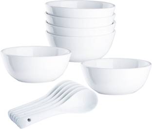 LAOPALA Opalware Soup Bowl Cosmo White Glass Soup Serving Bowl set with Spoon Microwave Dishwasher Safe - 330 ml Opalware Soup Bowl