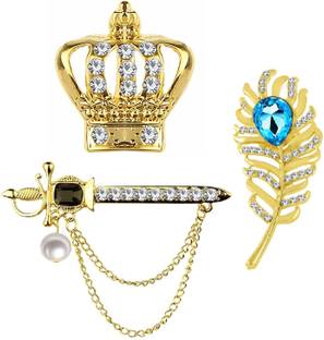 Om Jewells Gold Plated Men's Jewellery Combo of 3 Indo Western Wear Alloy Brooch Lapel Pin Studded with Multi Color Crystal Stones for Boys and Men CO1000380 Brooch