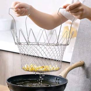 BBD Kitchen Shop Foldable Steam Rinse Deep Fry Chef Basket Magic Basket Mesh Basket Strainer Net Kitchen Cooking Tool Stainless Steel Colander Collapsible Deep Frying Basket