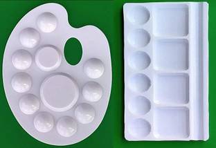First Click Plastic Art 10 Wells Medium Size 9cm X 16cm + Art 12 Wells 301 Kidney Shaped Palette Size 17cms X 22.5cms (Set of 2 Pcs) 12 Paint Wells Palettes