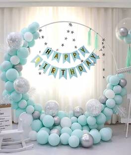 SOI (56 Pcs) Happy Birthday Banner with HD Pastel & Metallic Balloons Confetti Balloons Decoration Kit Set Decorations Items Combo Set