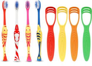 Maxi Oral Care Junior Hygiene Combo Pack of 8-(4 Kids) Goldie Junior Toothbrush & (4 TC) 1 Number Tongue Cleaner