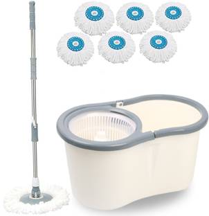 V-MOP Premium White Classic Magic Spin Dry Bucket Mop - 360 Degree Self Spin Wringing r Mop Set, Mop, Cleaning Wipe, Bucket, Dustbin, Mop-A3 Wet & Dry Mop