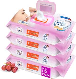 Tulips Baby Wet wipes with LID (72 Wipes X 4 Packs) for Gentle Cleaning/ Moisturising, Rash Free, 99% Purified Water with Grapefruit Extracts