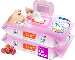 Tulips Baby Wet wipes with LID (72 Wipes X 2 Packs) for Gentle Cleaning/ Moisturising, Rash Free, 99% Purified Water with Grapefruit Extracts