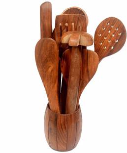 LyqArt Wooden Handmade Non Stick Serving Spoon Set with Holder| Cooking Spoon Stand | Wood Spoons| Spatula for Cooking | Kitchen Tools with Barrel Holder | Wooden Cutlery Set