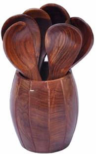 LyqArt Wooden small Spoon with Holder | dessert spoon set | soup spoon |Cutlery Holder| Cutlery rack | Spoon holder | Spoon rack -Brown Wooden Cutlery Set