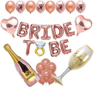 Bash N Splash Solid Bride To Be Rose Gold decoration balloon with rose gold balloon with rose gold confetti, Heart Balloon Bottle & Glass Balloon with ring & glue dots (pack of 35) Letter Balloon
