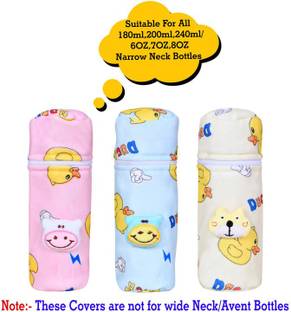 The Little Lookers Soft Plush Stretchable Baby Feeding Bottle Cover with Easy to Hold Strap and Zip | Suitable for 240ml Feeding Bottle| Overall Print Pack of 3 (Yellow, Blue & Pink)