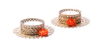 bhumiyaan Flower Design Metallic Diya Tea Light Candle Holder for Diwali Diya/diyas/Pooja for Diya/Deepak/Candle Diya / Candles (Set of 02) Silver Plated, Silver 2 - Cup Tealight Holder