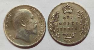 ANK Silver One Rupee Coin of King Edward VII of Bombay Mint of 1910. Ancient Coin Collection