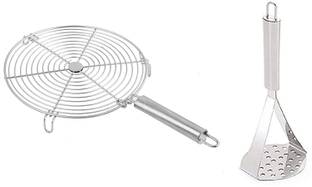 NOHUNT Roaster Papad Jali Chapati Roti Tomato Brinjal Paneer Chicken Tandoor Steel Pipe Handle Net Roaster (Round) 20 Cm With Stainless Steel Potato Vegetable Pav Bhaji Masher, 24 Cm (Silver) - ( Pack of 2) Kitchen Tool Set