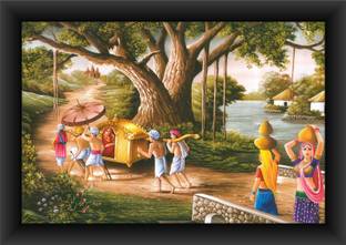 Poylaamo Rajasthani Village Painting, Scenery Framed Art for Living Room, Bedroom, Office. Without Glass. Digital Reprint 14 inch x 20 inch Painting