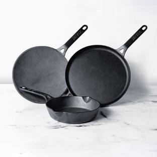 Meyer Cast Iron 3 Piece Set - 28cm Dosa Tawa + 20cm Frypan + 26cm Roti Tawa Induction Bottom Cookware Set