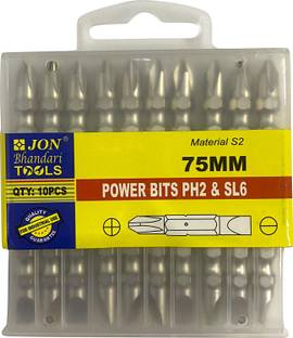 Jon Bhandari Tools PB75 PH2 & SL6 Power Screw Driver Bits Magnetic 2 in 1 Flat & Phillips 75mm (PACK OF 10) Screwdriver Bit Set